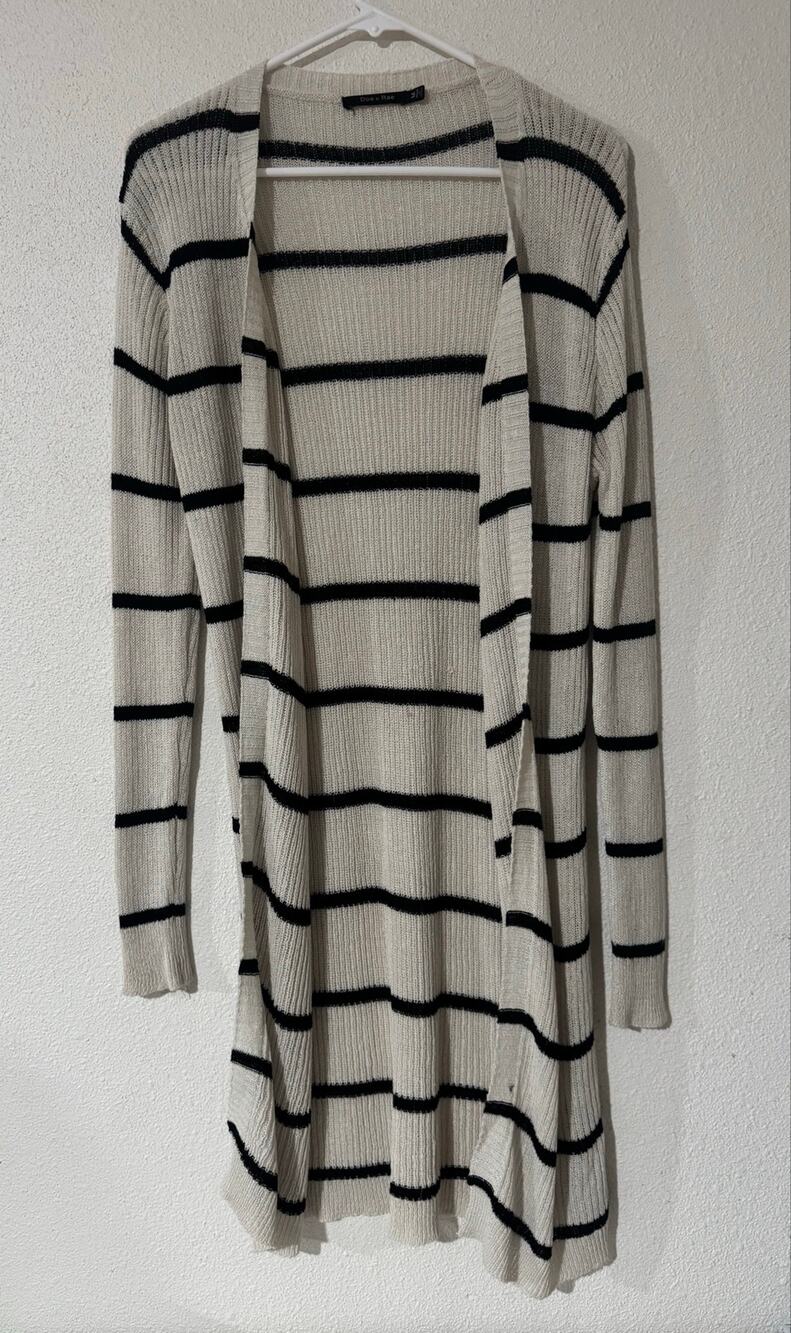 Doe & Rae Striped Ribbed Knit Open-Front Longline Duster Cardigan Size M Office